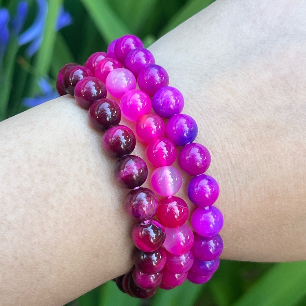 8mm stretchable pink tiger eye, agate, quartz bracelet set‎